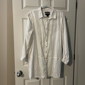 Tahari White 100% Linen Button Tunic Shirt Top 1X Roll Tab Long Sleeves EUC